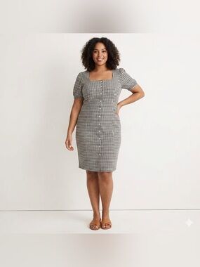 HUSH Black White Gingham Square Neck Puff Sleeve Button Front Dress Size 16
